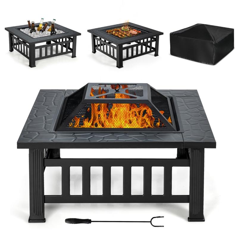 Outdoor Camping Fire Pit - 32インチ 3in1 アウトドアスクエアファイヤーピットテーブル（BBQグリルとレインカバー付き、キャンプ用）