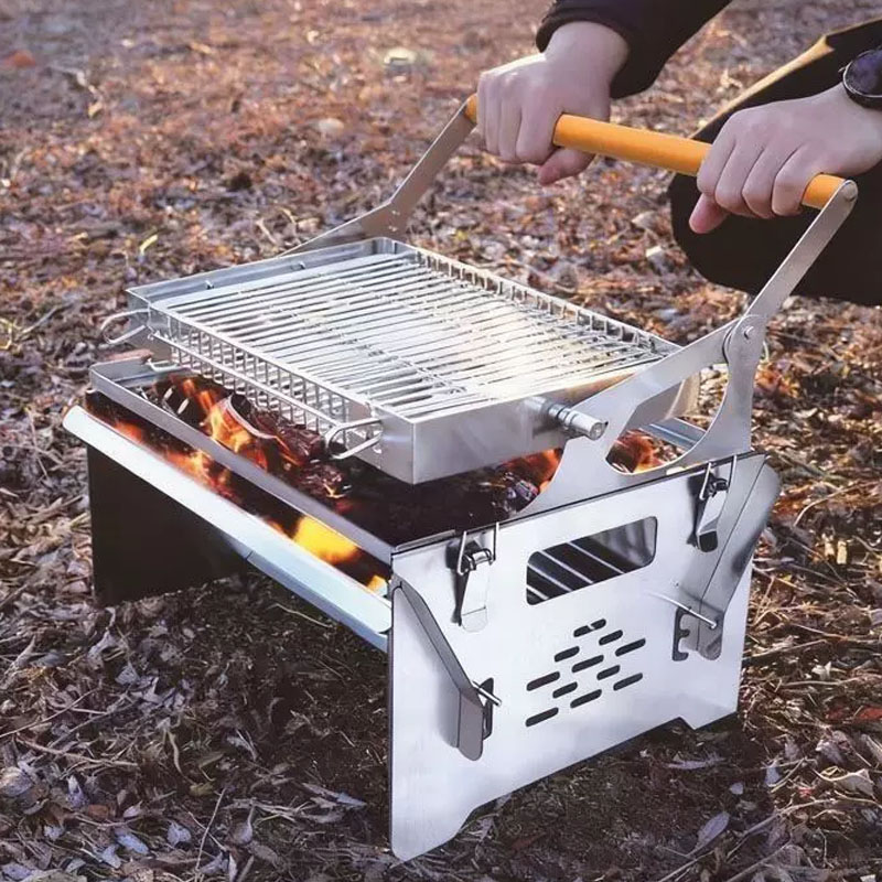 Outdoor Camping Fire Pit - フリップスタイルBBQグリル 2in1 ステンレス製 キャンプファイヤーピット 両面180度回転 °