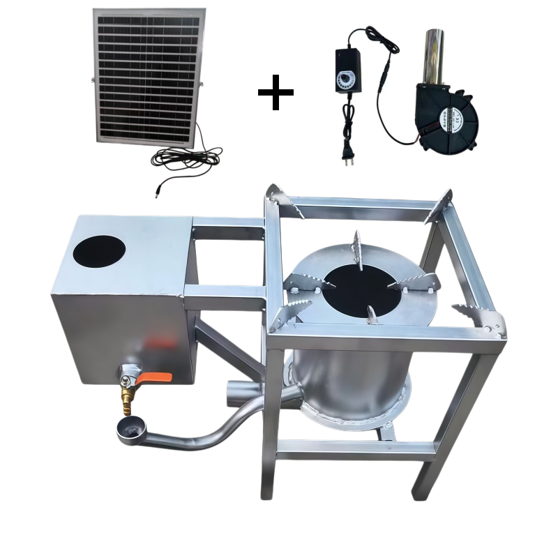 Outdoor Camping Stove - 屋外での調理、暖房、解凍に使える、空気送風機とソーラーパネル付きの、持ち運び可能な硬質チタン鋼製廃油バーナー・キャンプストーブ。