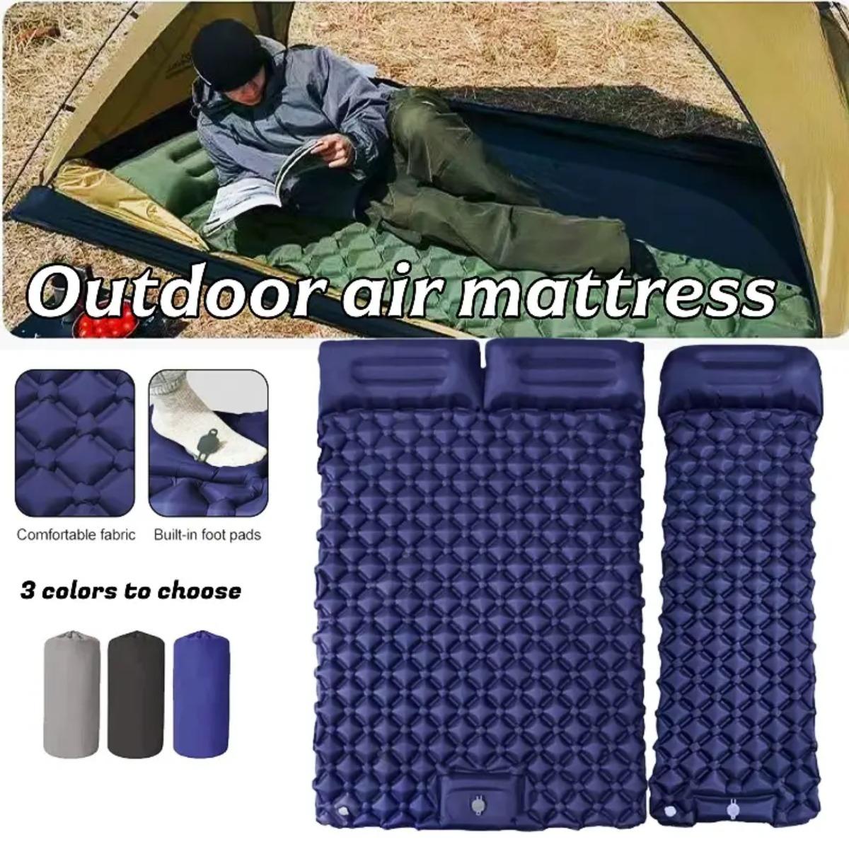 Camp Pillow Compressible - シングル＆ダブルインフレータブルエアマットレス、折りたたみ式キャンプ用スリーピングパッド（枕付き）、防湿、防水、軽量アウトドアスリーピングマット、キャンプ、旅行、ハイキングに最適