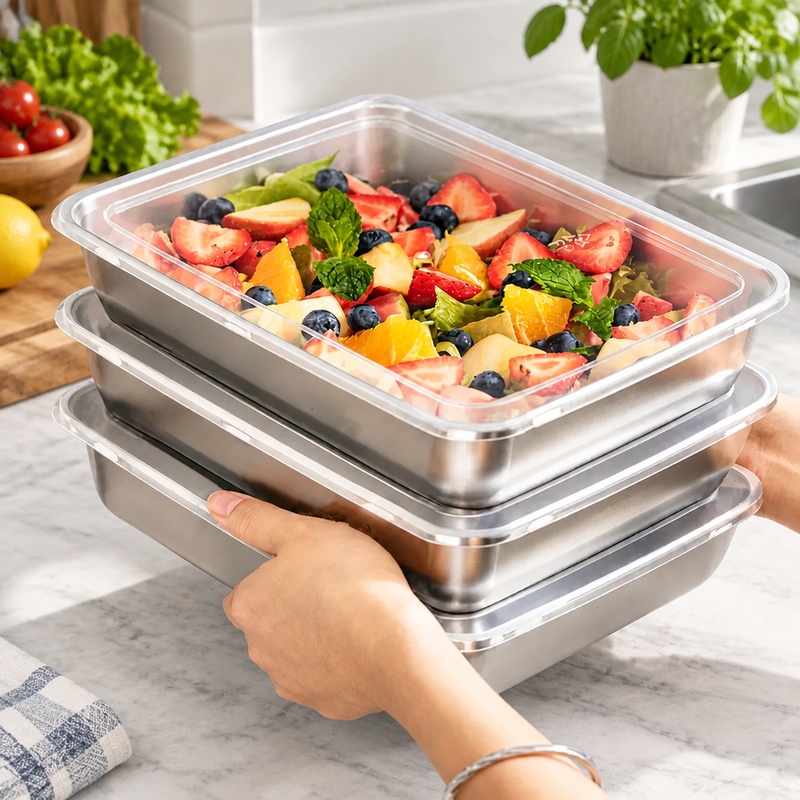 Outdoor Camping Food - 透明な蓋が付いた、3点セットのステンレス製食品保存容器。キッチンやアウトドアでのキャンプに最適な、液漏れ防止設計。