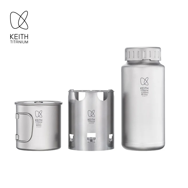Outdoor Camping Cooking Equipment - KEITH 純チタン製ネスティングキャンプセット 1200ml ウォーターボトル + 650ml