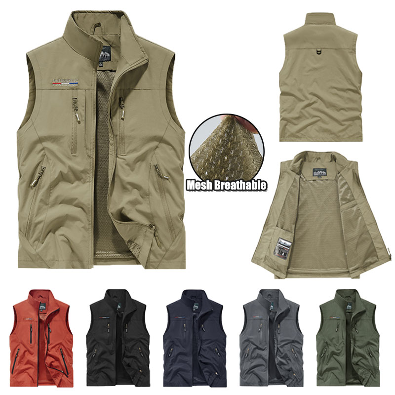 Camping Outdoor Clothing - メンズ写真撮影用ベスト、アウトドアウェア、夏用、ジッパー付き、レギュラーフィット、メンズ用、釣りやキャンプに最適、多機能ポケット付き、作業用ベスト、ジャケット。