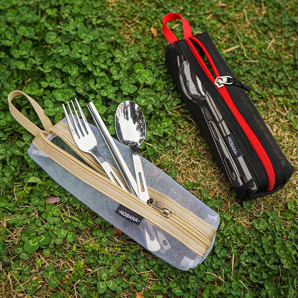 Outdoor Camping Utensils - 携帯用カトラリー収納バッグ、アウトドアキャンプ、ピクニック、旅行用食器整理ケース、メッシュ素材、ジッパー付き、スプーン、フォーク、調理器具用ケース。
