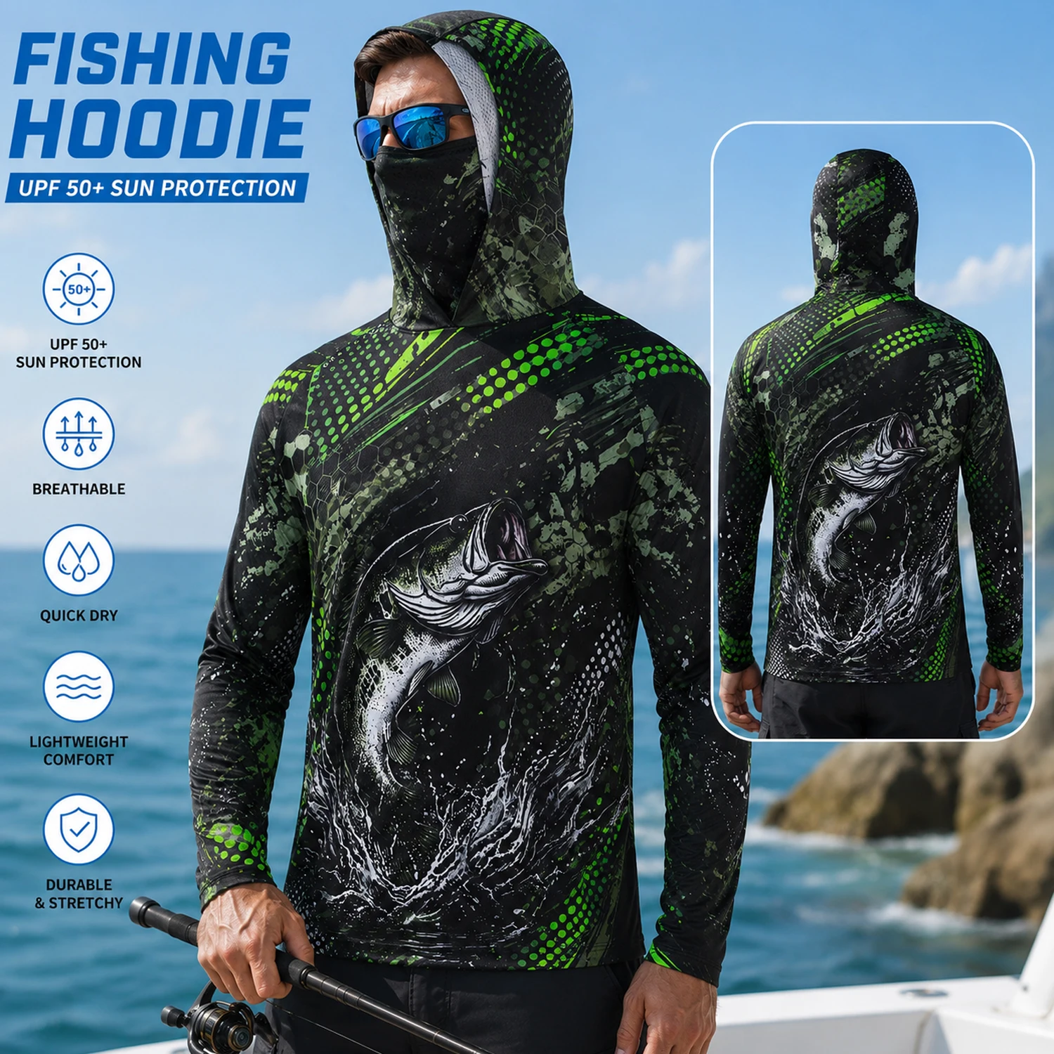 Outdoor Camping And Fishing - メンズ プロ・アングラー バス釣り用 フード付きフェイスガーター UPF 50+