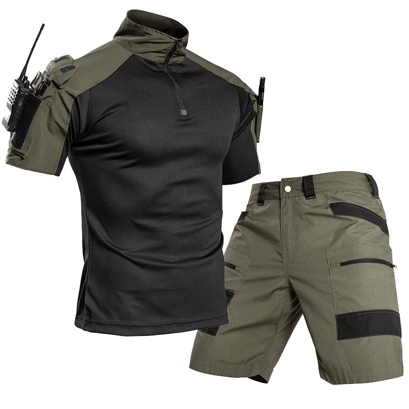 Outdoor Camping And Fishing - メンズアウトドアクイックドライタクティカルTシャツセット ハーフジップTシャツ ショーツ マルチポケット ハイキング キャンプ